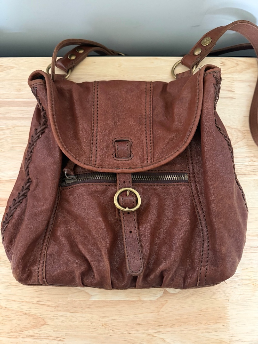 Lucky Brand Brown Leather Crossbody Bag with Braided Detail